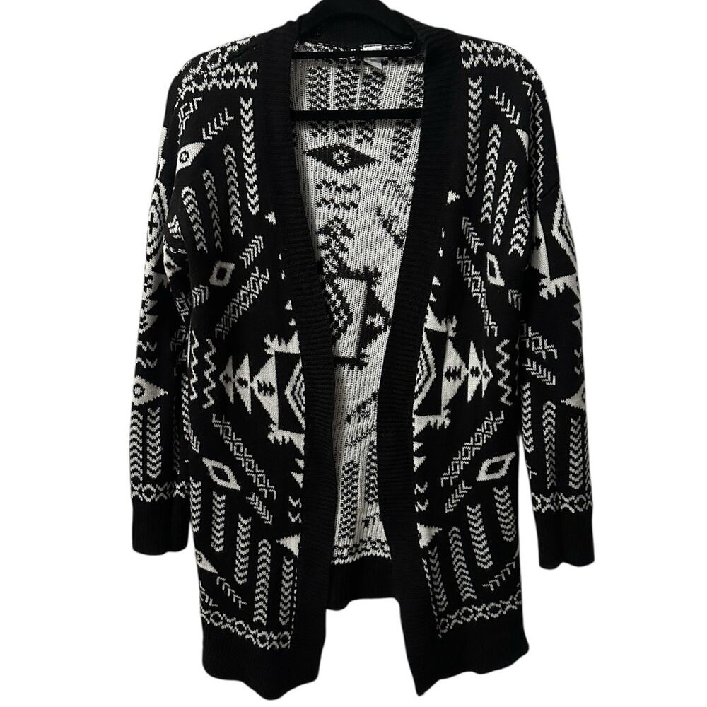 H&M Black White Jacquard Knit Open Front Longline Cardigan Women’s S Aztec‎